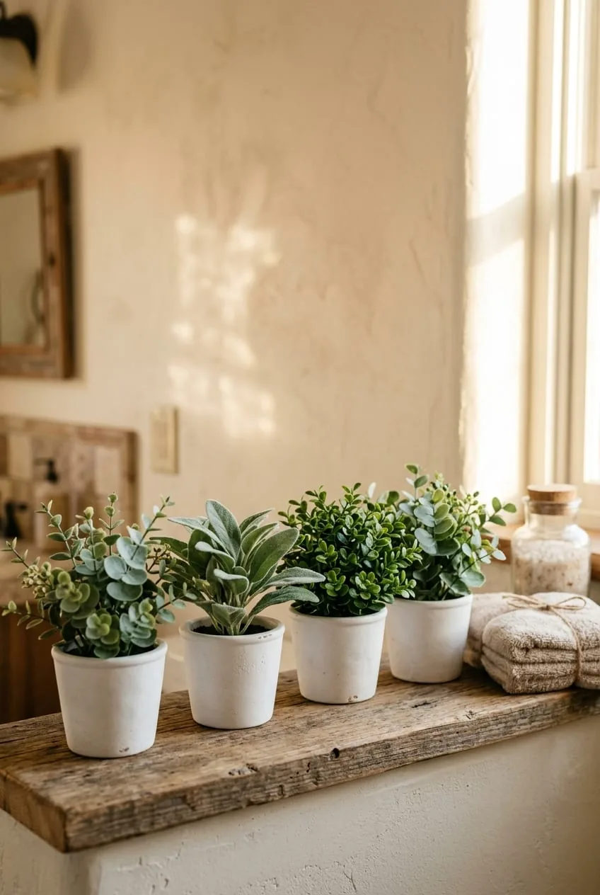 Four mini greenery artificial plants in white pots on a farmhouse bathroom decor shelf.
