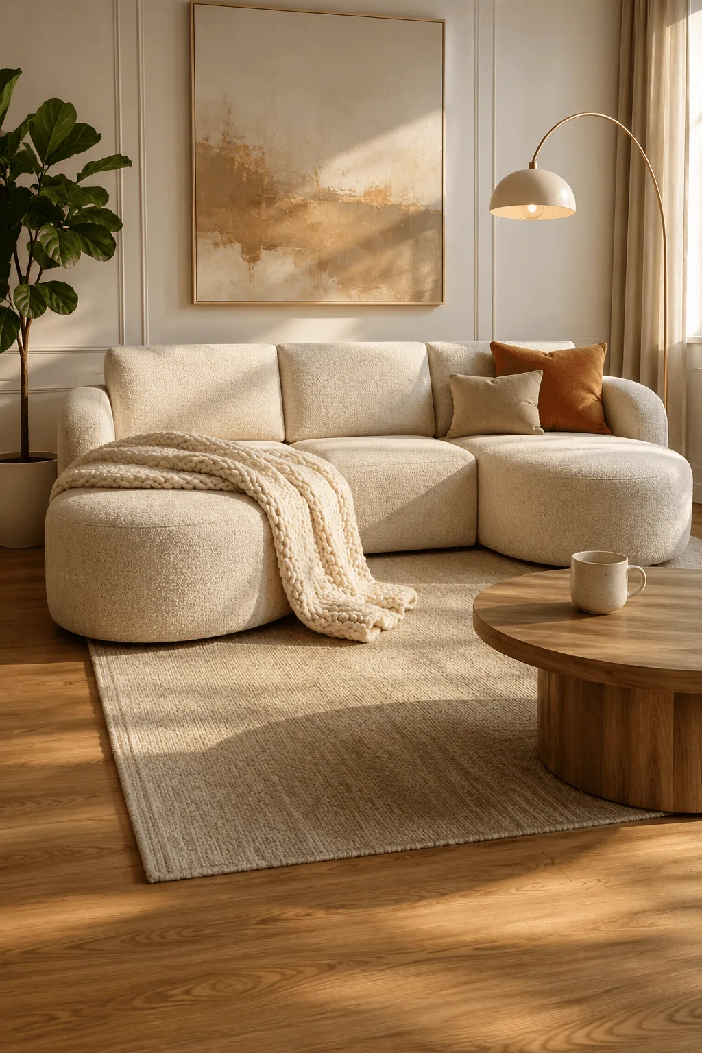 Modern curved sofa living room with warm beige cloud sectional, ottoman, white paneled walls, natural light, and minimal contemporary decor