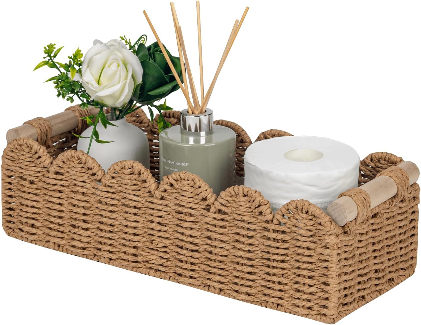 Neutral Storage Basket Decor | Small Bathroom Shelf Styling