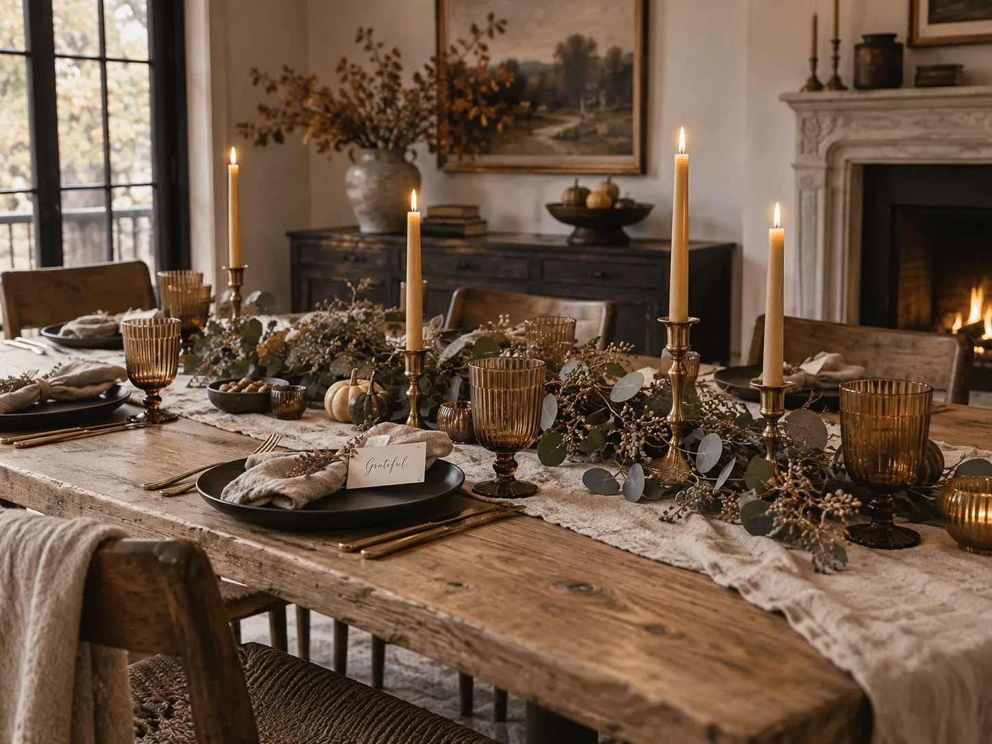 Low-profile Thanksgiving centerpiece styling featuring dried olive branches, muted white mini pumpkins, shallow raw stoneware bowl, and glowing beeswax tea lights