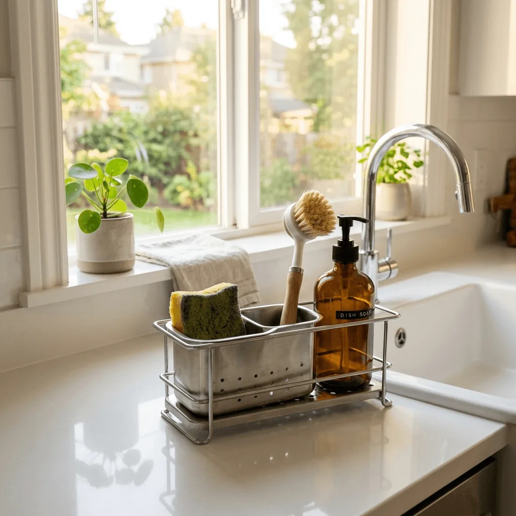 Stainless steel sink caddy holding a sponge, dish brush, and soap dispenser on a clean white kitchen counter with warm natural window light.