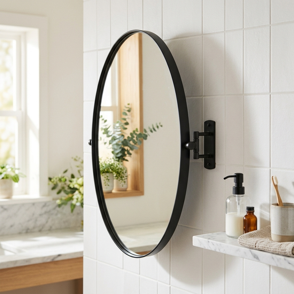 Swivel Corner Mirror, Oval Bathroom Mirror with Metal Frame (Black, 30×60 cm)