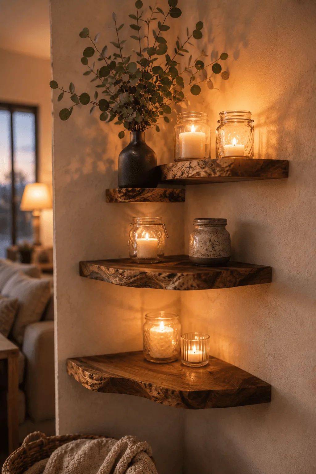 Three-tier live edge walnut wood corner floating shelves styled with glowing candles in glass jars and a ceramic vase with eucalyptus branches against a warm neutral wall with soft ambient lighting for walnut live edge corner shelf