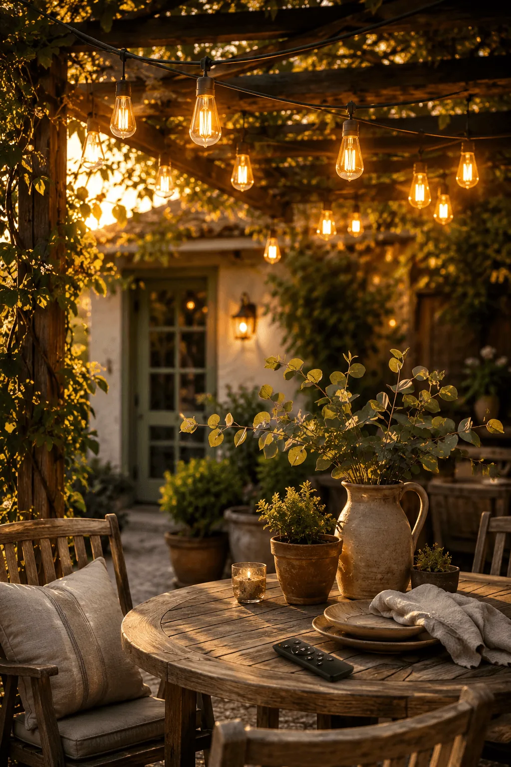 Warm festive Christmas living room illuminated entirely by 2400K micro fairy lights woven through pine garland, paper star window lanterns, and real beeswax candlelight