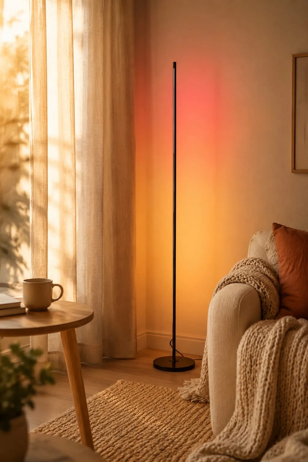 Warm gold floor lamp with three glowing cage shades beside a leather sofa, sheer curtains, and neutral living room decor in soft natural light.