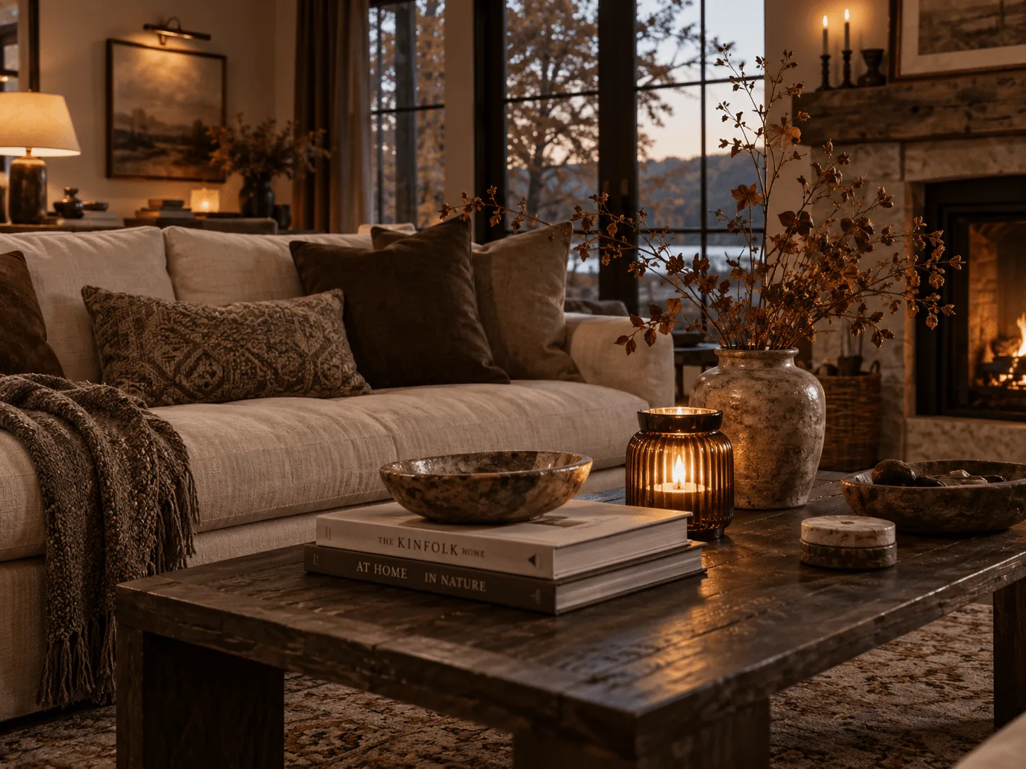 Calm and clutter-free post-holiday winter living room with clean stone fireplace, natural bare birch branches in stoneware urn, and layered ivory wool blankets