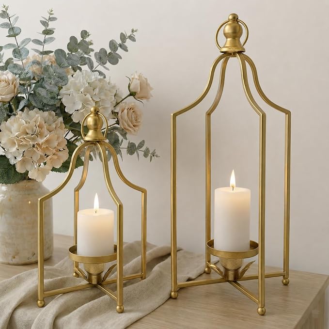 Timeless Cozy Decorative Lanterns Set of 2, Antique Gold (12.5" & 16.5")