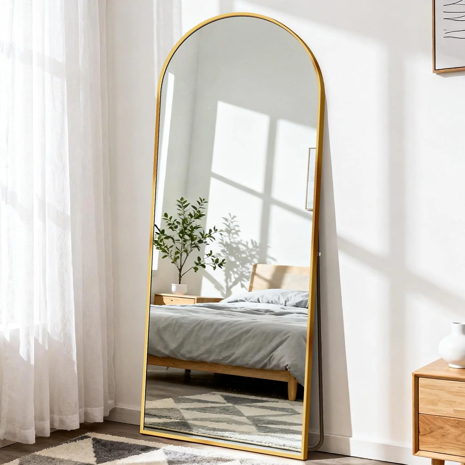 Arched Full Length Mirror Decor | Warm Neutral Bedroom Style
