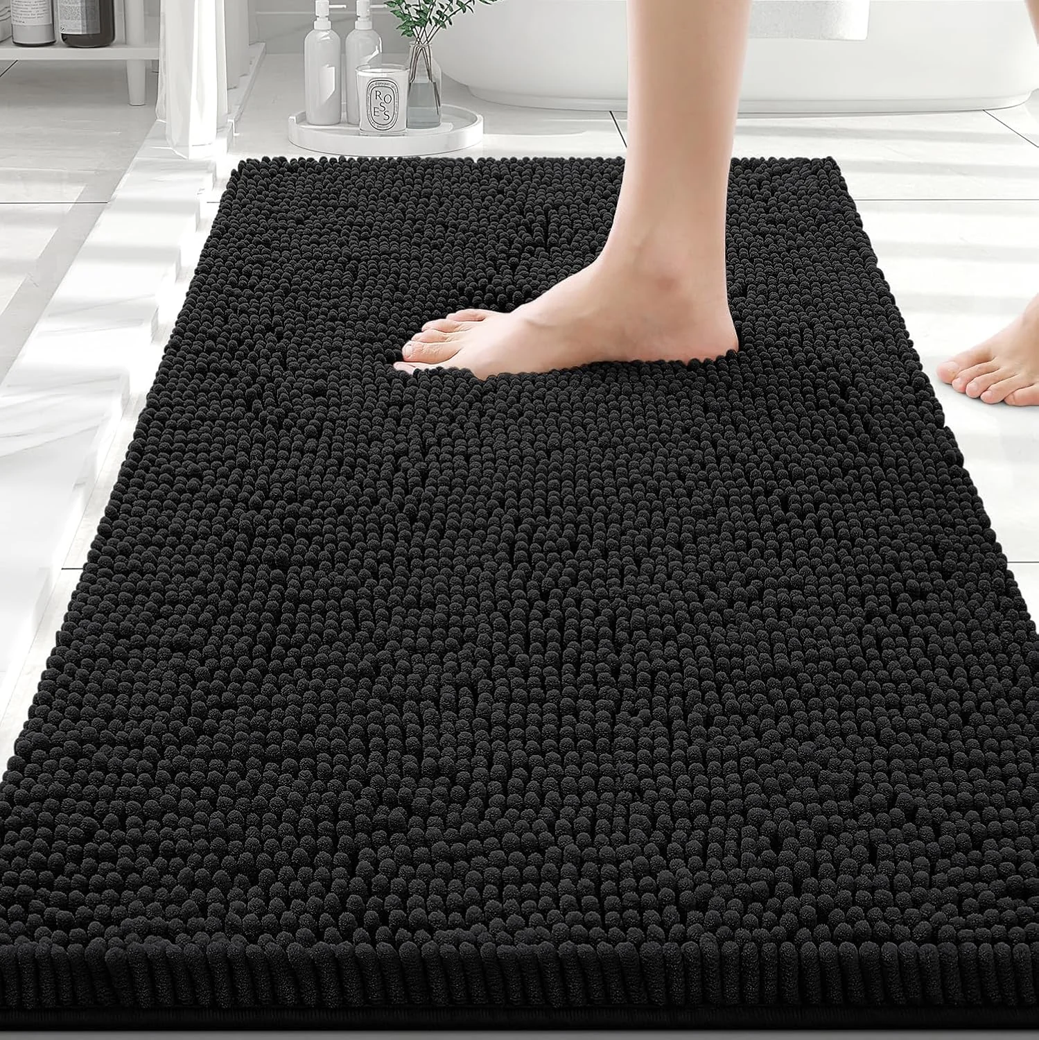 Cozy Black Chenille Bath Mat