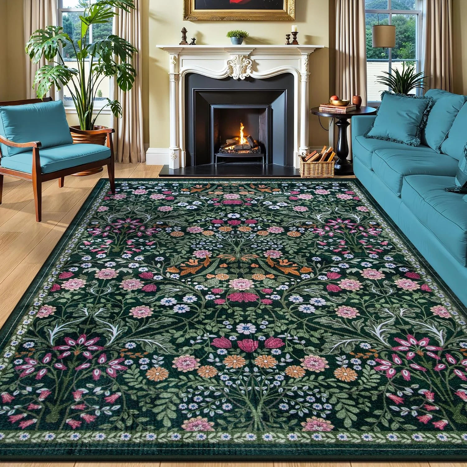 Dark Green Floral Rug Ideas for Cozy Vintage Living Room Decor