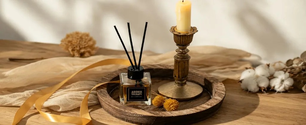 Round distressed wood tray on a coffee table styled with a pillar candle, reed diffuser, dried florals, and soft linen in warm golden hour light