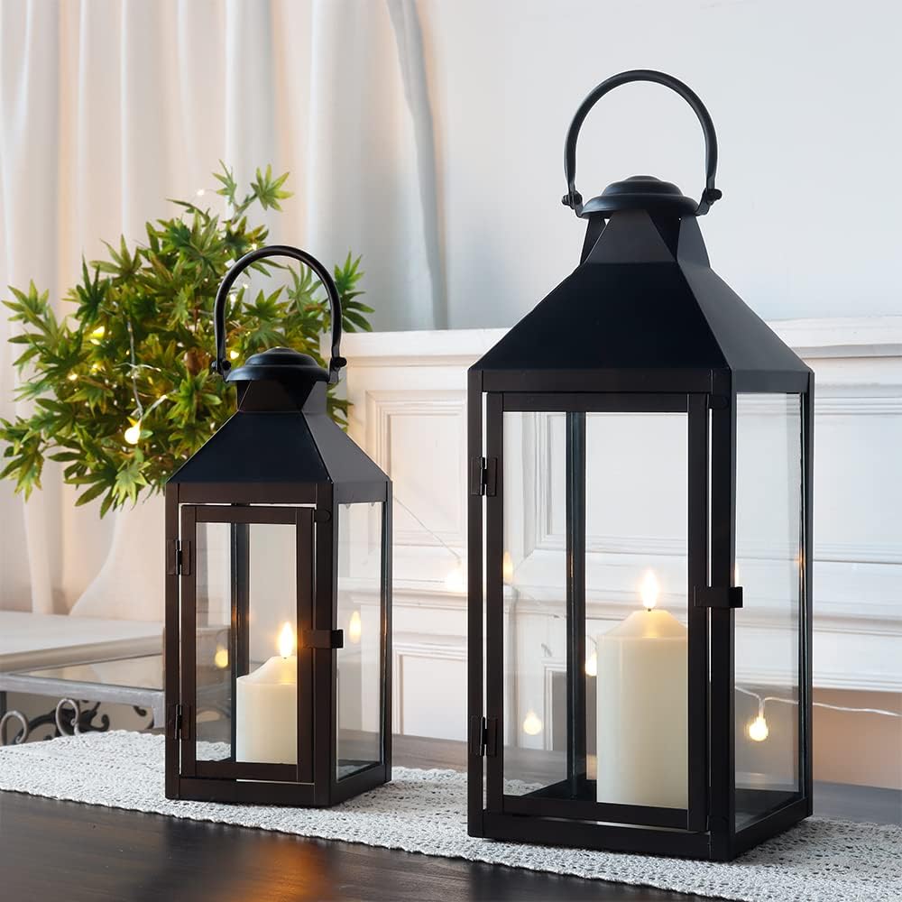 JHY DESIGN Set of 2 Black Decorative Lanterns (17.5" & 13.5")