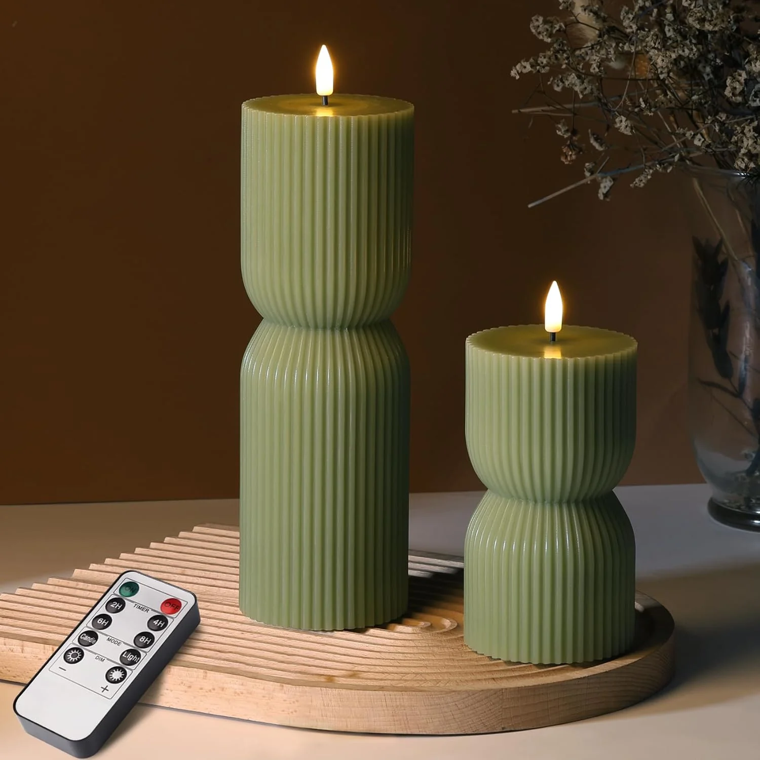 Olive Green Flameless Candles | Cozy Ribbed Pillar Decor