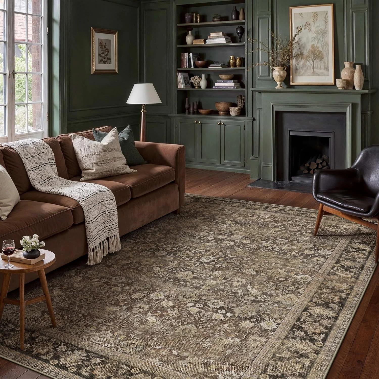 Washable Floral Area Rug for Neutral Living Room Decor